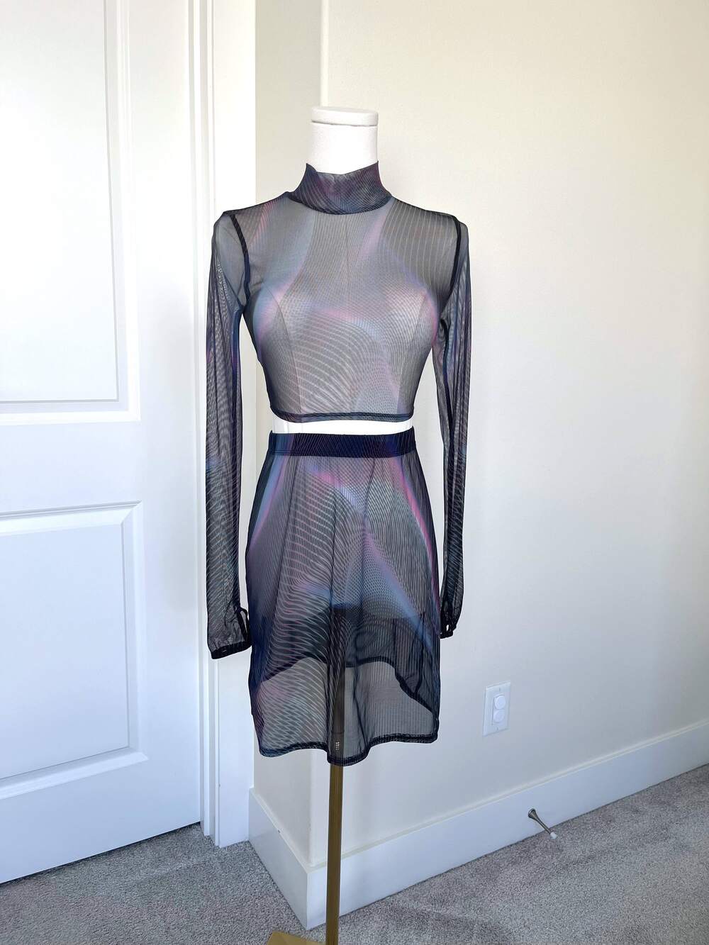 BADINKA Synth Wave Mesh Rave Set - Long Sleeve Crop Top & Mini Skirt